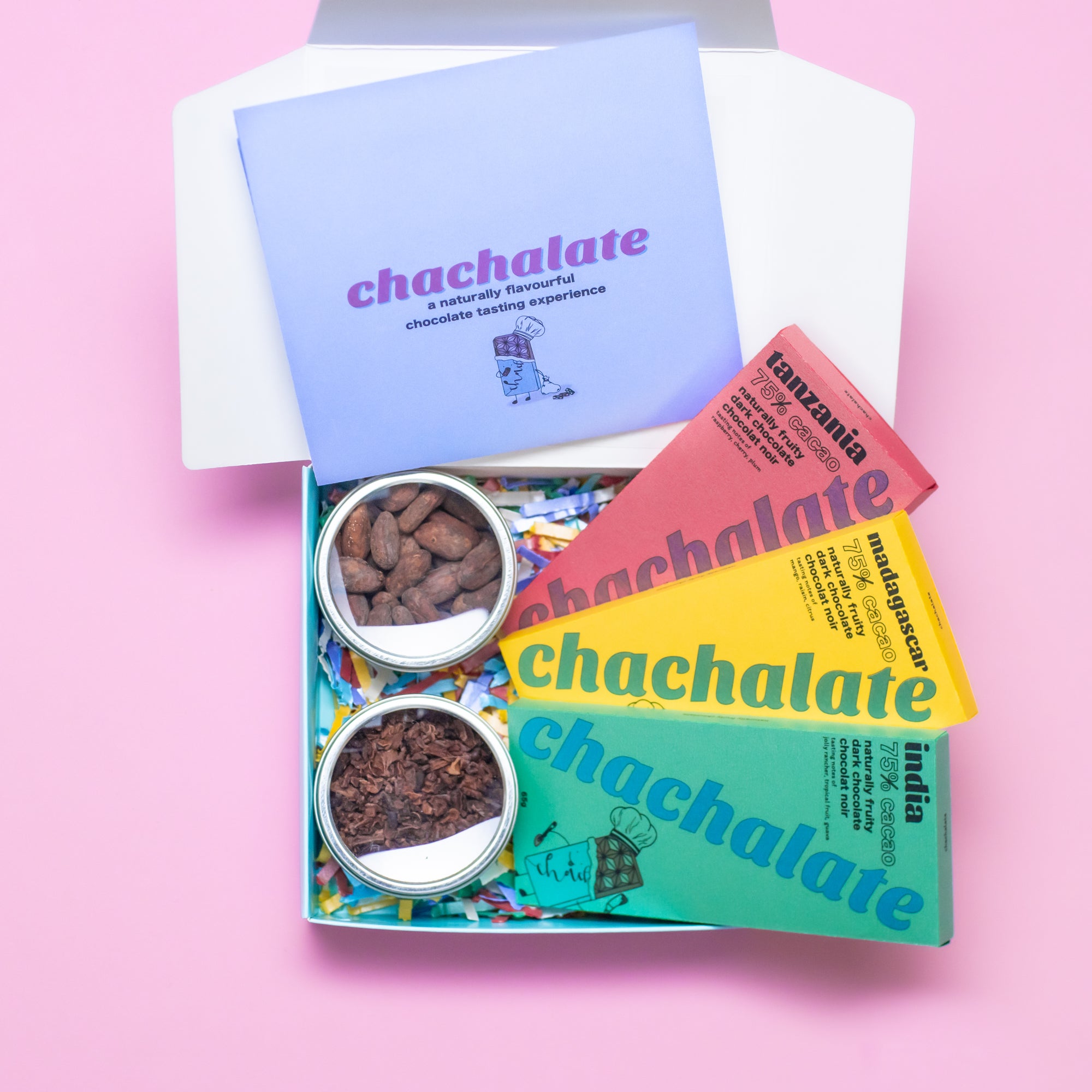 Virtual chocolate chachalate tasting kit. Book your team's online chocolate tasting and discover the world of real chocolate. Taste three single-origin bars made with only cocoa beans and organic cane sugar.